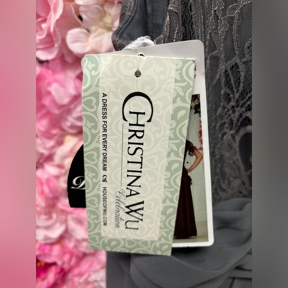 House of Wu 22928 Size 20 Charcoal long chiffon dress with lace back and v-neck - Picture 6 of 10